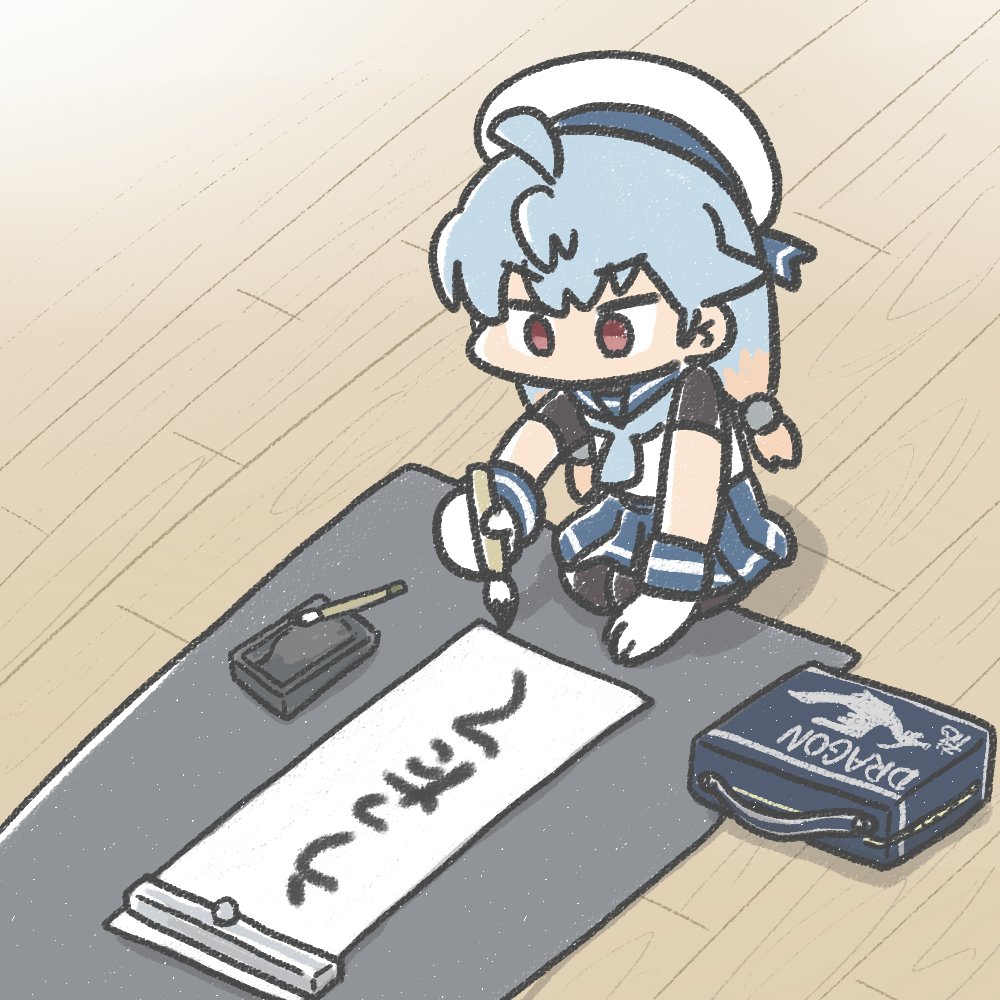 1girl, black_pantyhose, blue_hair, blue_neckerchief, blue_sailor_collar, blue_skirt, calligraphy_brush, ferret-san