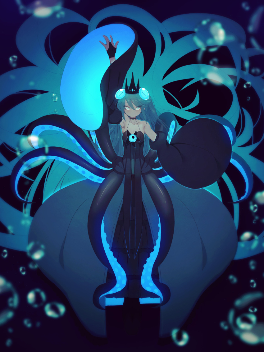 1girl, absurdres, air_bubble, arm_up, armpits, bare_shoulders, bioluminescence, black_dress, black_gloves, blank_stare, blue_eyes, blue_hair, breasts, bubble, choker, crown, cthulhu, cthulhu_(merryweather), cthulhu_mythos, detached_sleeves, dress, expressionless, extra_eyes, fingerless_gloves, gloves, glowing, glowing_eyes, hair_between_eyes, half_gloves, highres, horizontal_pupils, long_hair, long_sleeves, merryweather, monster_girl, octopus, original, petite, scylla, sidelocks, sleeveless, sleeveless_dress, small_breasts, solo, solo_focus, squid, squid_girl, tentacle_hair, tentacles, underwater, very_long_hair, wide_sleeves