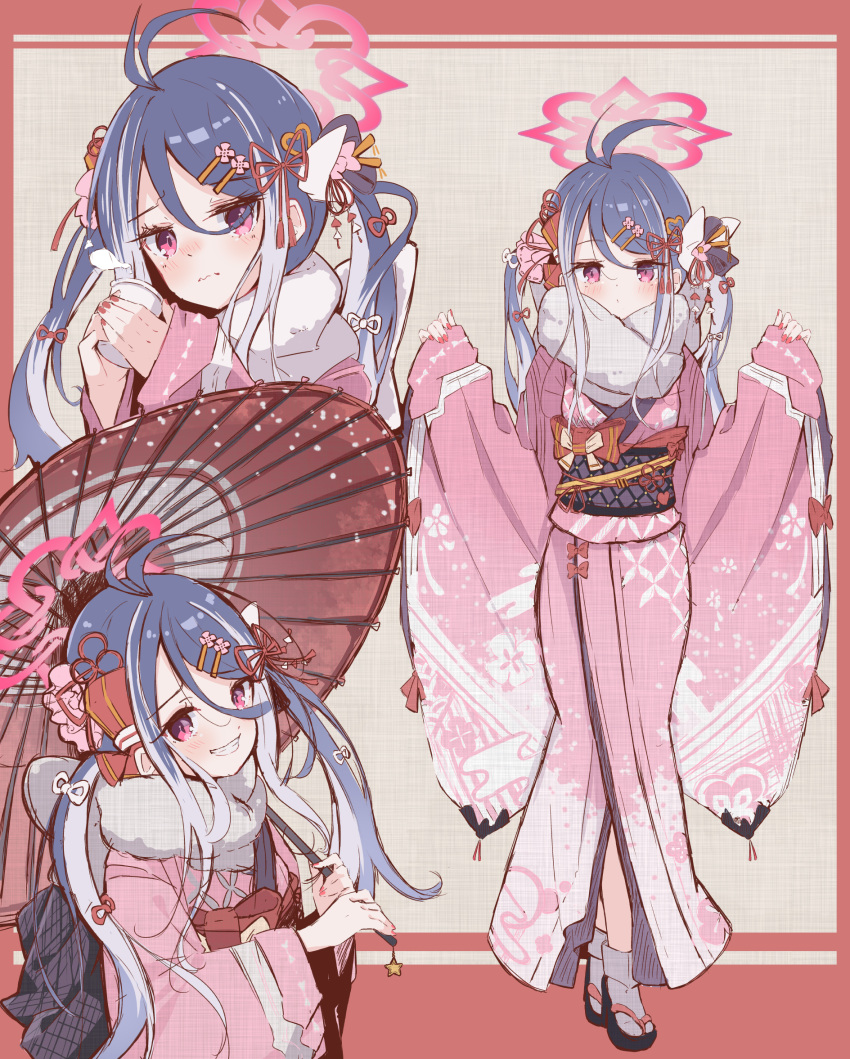 1girl, antenna_hair, blue_archive, blue_hair, blush, closed_mouth, fubuki_(blue_archive), fur-trimmed_kimono