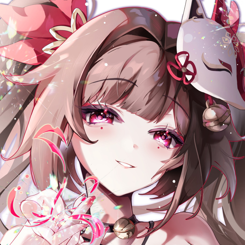 1girl, bare_shoulders, bell, black_choker, brown_hair, choker, commentary, facial_mark