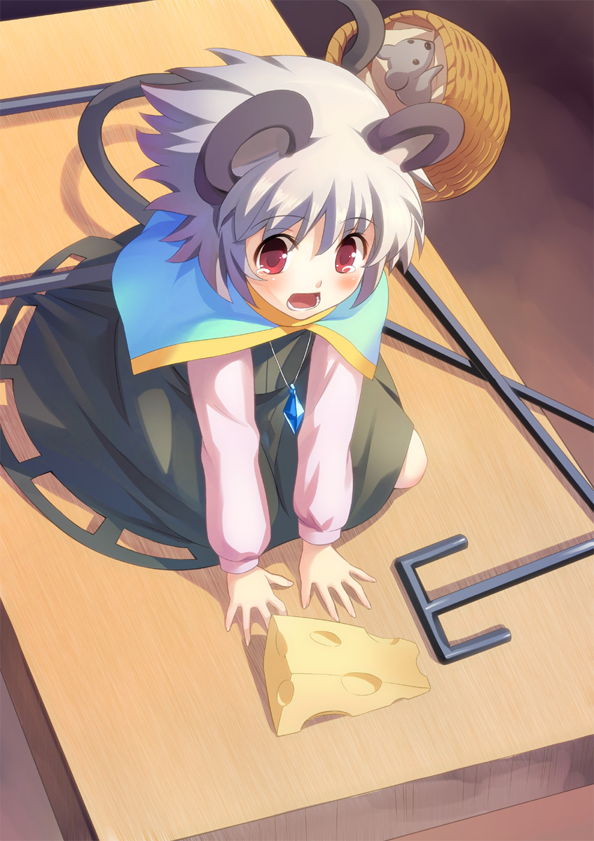 basket, cheese, ekusa_takahito, highres, jewelry, kneeling, minigirl, mouse