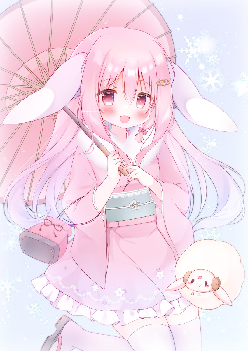 1girl, :d, animal_ears, chinese_zodiac, cowboy_shot, hanasaki_chiyu, hanasakichu, happy_new_year