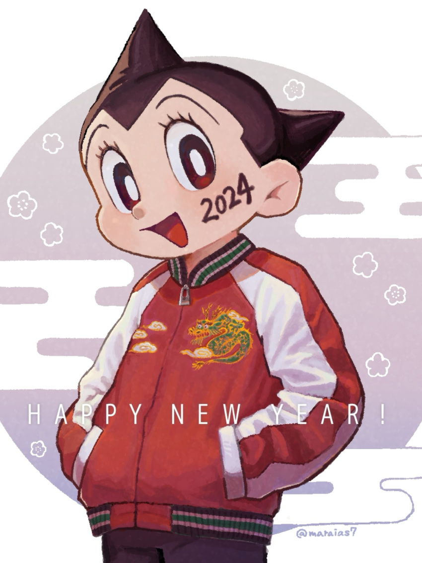 1boy, 2024, :d, android, artist_name, atom_(tetsuwan_atom), black_hair, child