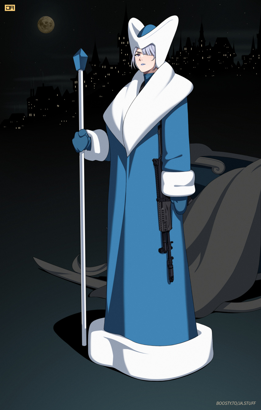 1girl, absurdres, ak-15, ak-15_(girls'_frontline), alternate_costume, assault_rifle, blue_gloves, blue_lips