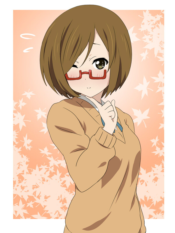 blush, brown_eyes, brown_hair, extra, face, glasses, ikari_manatsu, k-on!, kinoshita_shizuka, necktie, nodoka_glasses, red-framed_glasses, semi-rimless_glasses, short_hair, smile, solo, sweater, under-rim_glasses, wink