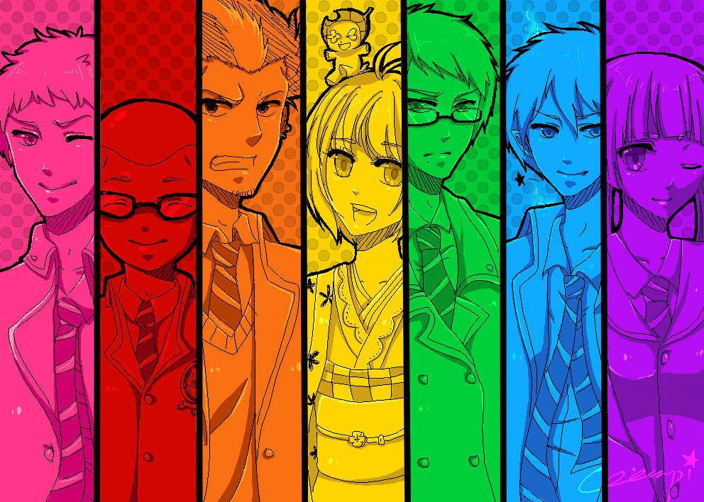 2girls, 5boys, ;q, ^_^, antenna_hair, ao_no_exorcist, artist_name, beard_stubble