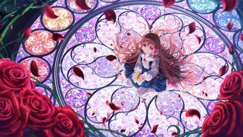 1girl, blackletter, blue_dress, brooch, brown_eyes, brown_hair, circle_skirt, collared_shirt