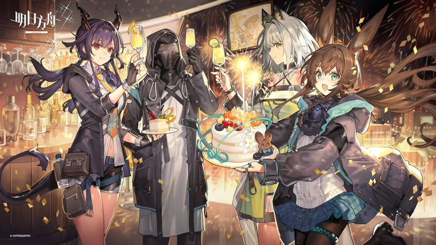 1other, 3girls, :d, amiya_(arknights), animal_ears, arknights, artist_request, ascot