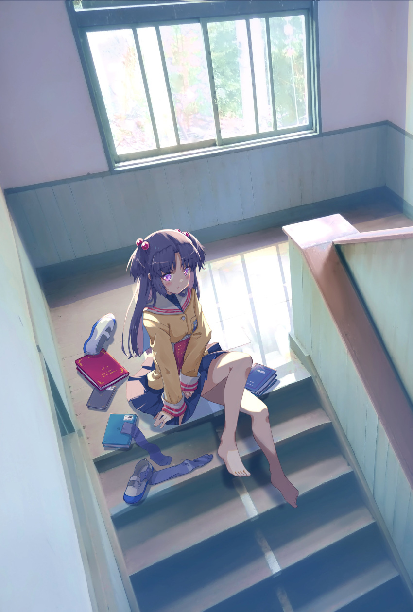 1girl, absurdres, akayama_yukihe, barefoot, blue_hair, blue_skirt, book, clannad