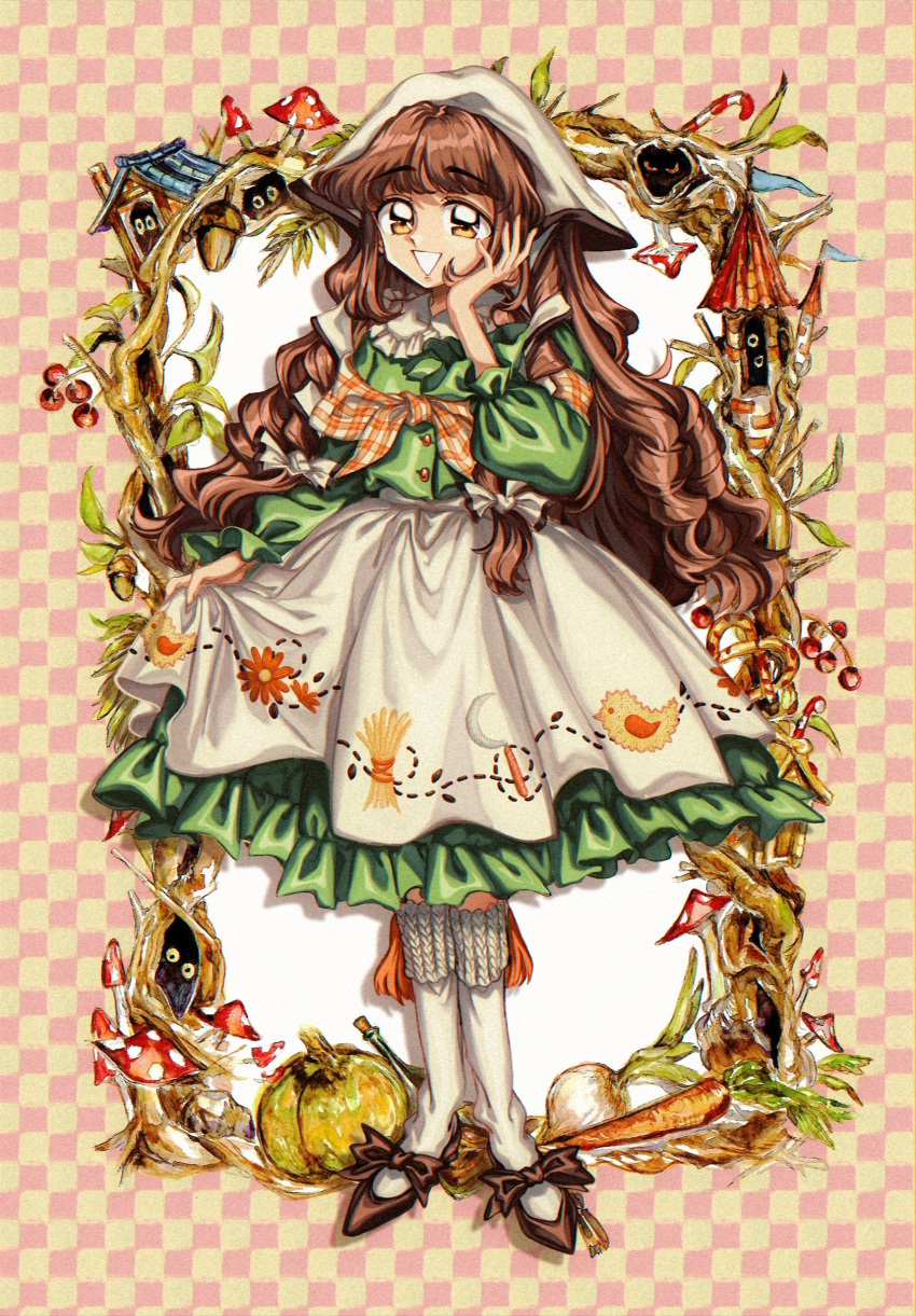 1980s_(style), 1girl, absurdres, apron, brown_eyes, brown_hair, dress, freya_(little_goody_two_shoes)