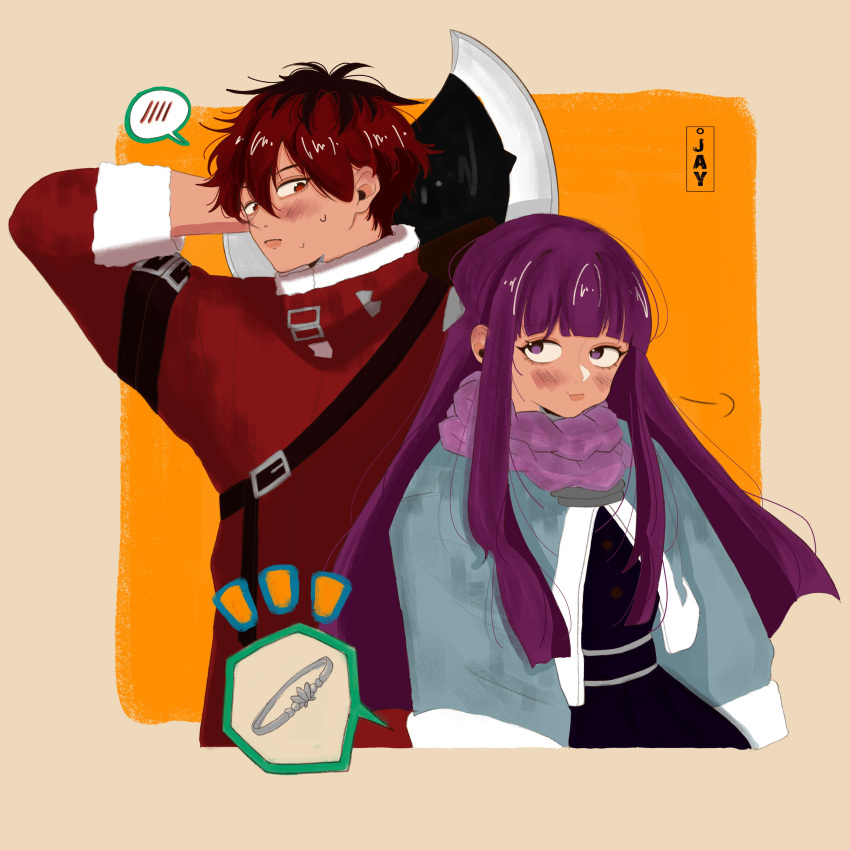 absurdres, axe, battle_axe, blunt_bangs, braided_scarf, coat, collar, cut_bangs