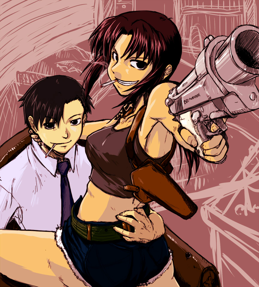 armpit, ass, belt, beretta_92, black_lagoon, breasts, c-mild_(kenki), cigarette, crop_top, cutoffs, denim, denim_shorts, foreshortening, grin, gun, handgun, holster, lap, looking_back, midriff, okajima_rokuro, pistol, revy, semiautomatic, shorts, smile, smoking, weapon