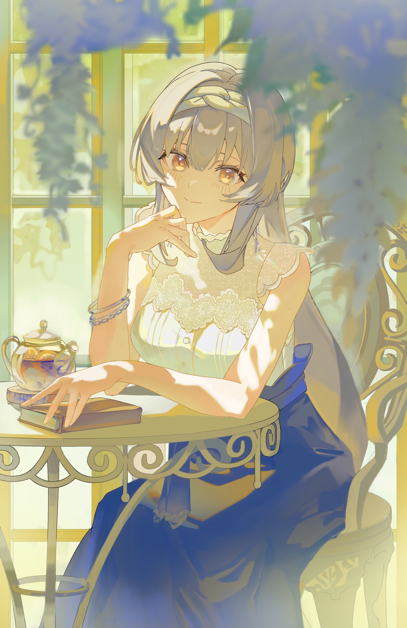 1girl, arm_rest, bawa_(thankyousushi), blue_flower, blue_skirt, blurry, blurry_foreground, blush