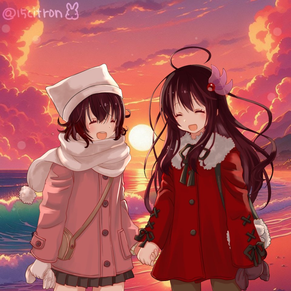 15citron, 2girls, ahoge, beach, black_pantyhose, black_skirt, blush, brown_hair