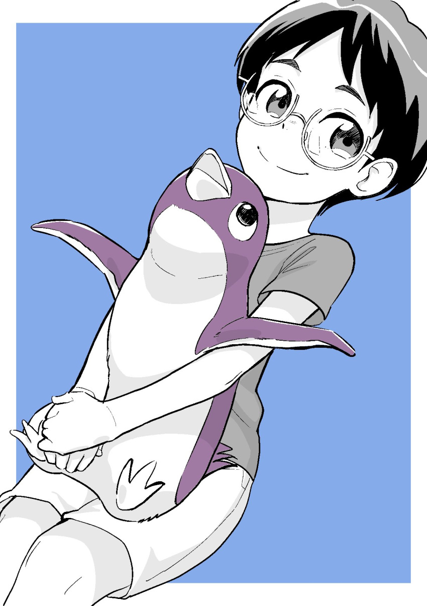 1boy, animal, bird, glasses, greyscale, highres, holding, holding_animal