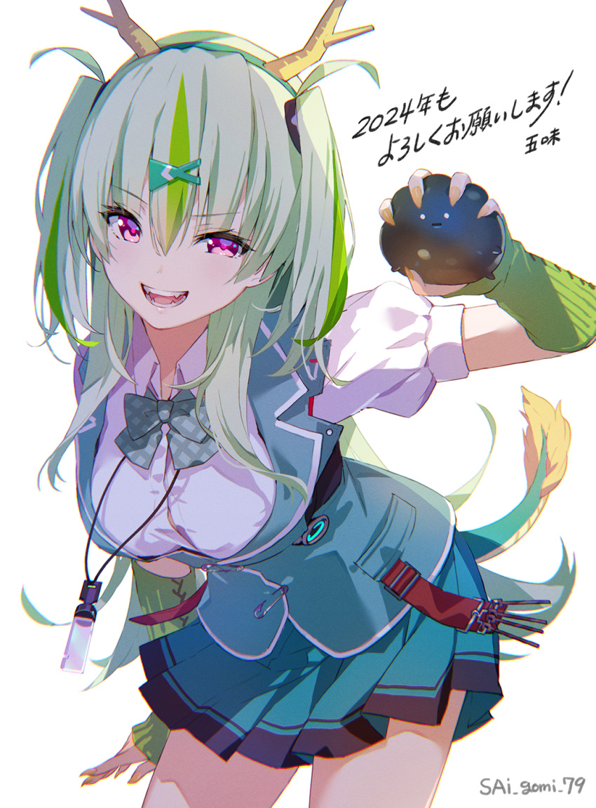 1girl, breasts, dragon_horns, dragon_tail, gloves, gomi_chihiro, green_gloves, green_hair