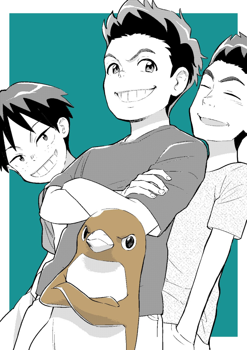 3boys, character_request, closed_eyes, commentary_request, freckles, greyscale, grin, hands_in_pockets, highres, male_focus, monochrome, multiple_boys, penguin_highway, shirt, smile, spot_color, suzuki-kun_(penguin_highway), t-shirt, yano_keito