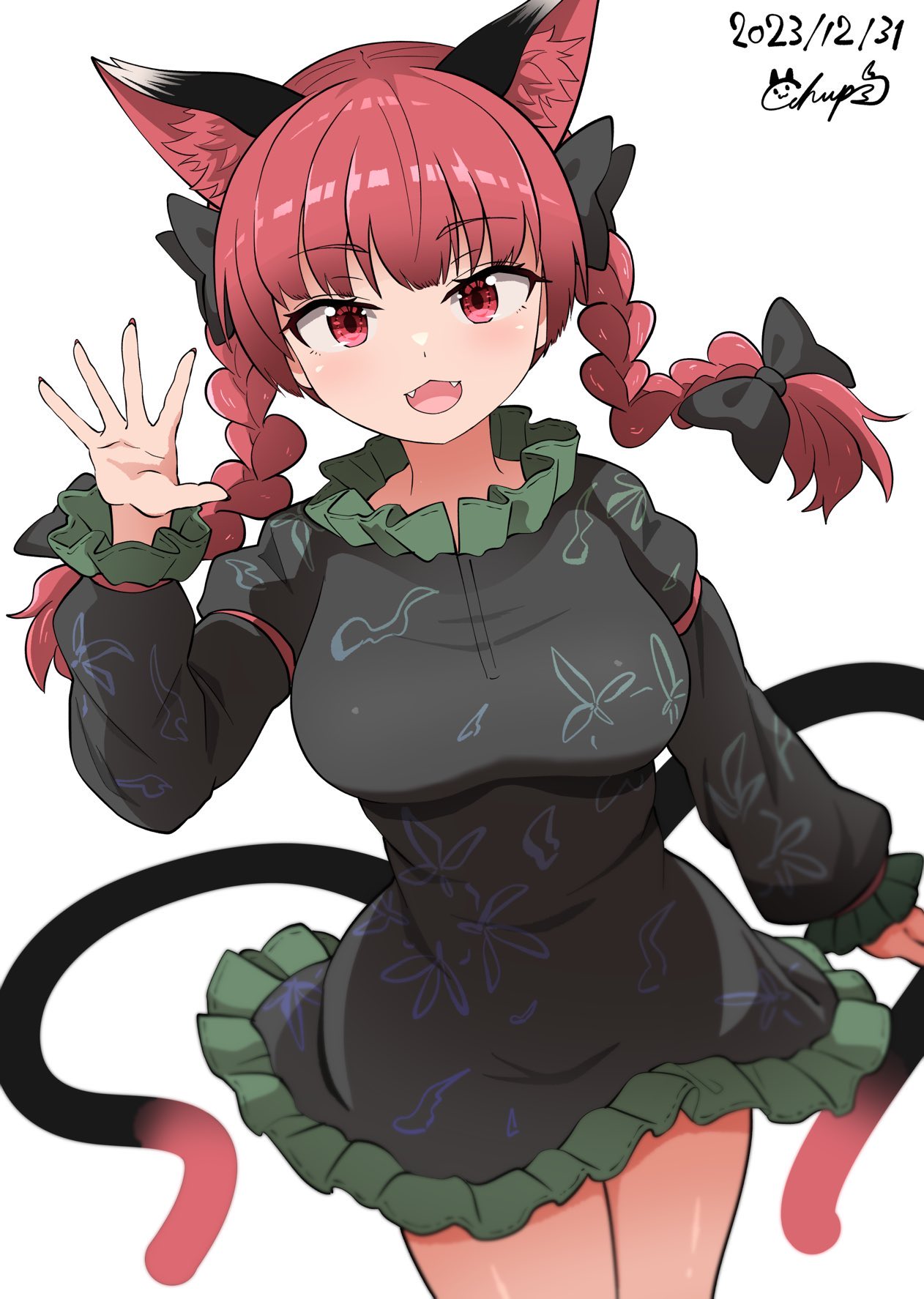1girl, animal_ear_fluff, animal_ears, black_bow, black_dress, bow, braid, breasts
