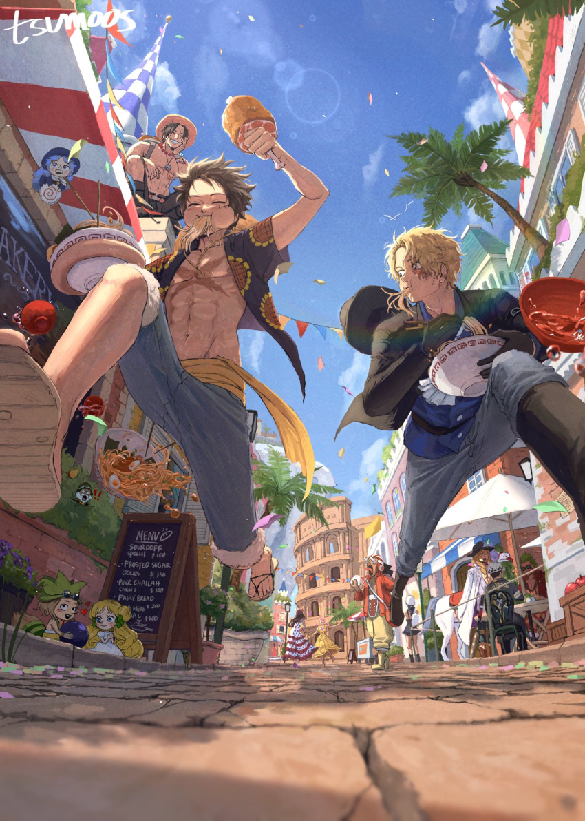2023, abs, artist_name, black_footwear, black_hair, black_jacket, black_shorts, blonde_hair