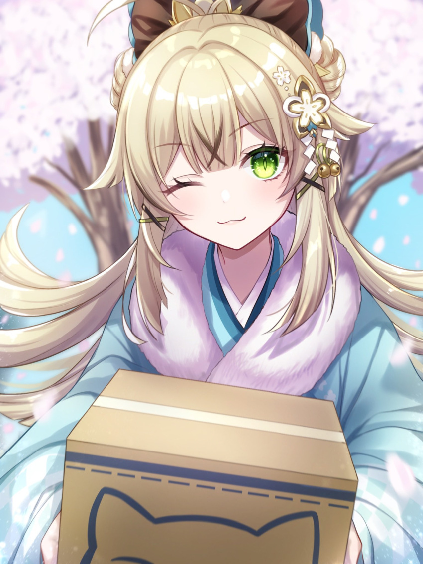 1girl, :3, ahoge, animal_ears, aqua_kimono, bell, box, cat_ears, cherry_blossoms, closed_mouth, genshin_impact, green_eyes, gumi_(framboise_5204), hair_bell, hair_ornament, highres, holding, holding_box, japanese_clothes, kimono, kirara_(genshin_impact), kirara_(post_office)_(genshin_impact), long_hair, long_sleeves, looking_at_viewer, one_eye_closed, smile, tail
