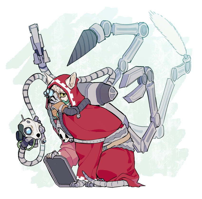 adeptus_mechanicus, animalization, cat, cat_teaser, drill, highres, hood, hood_up