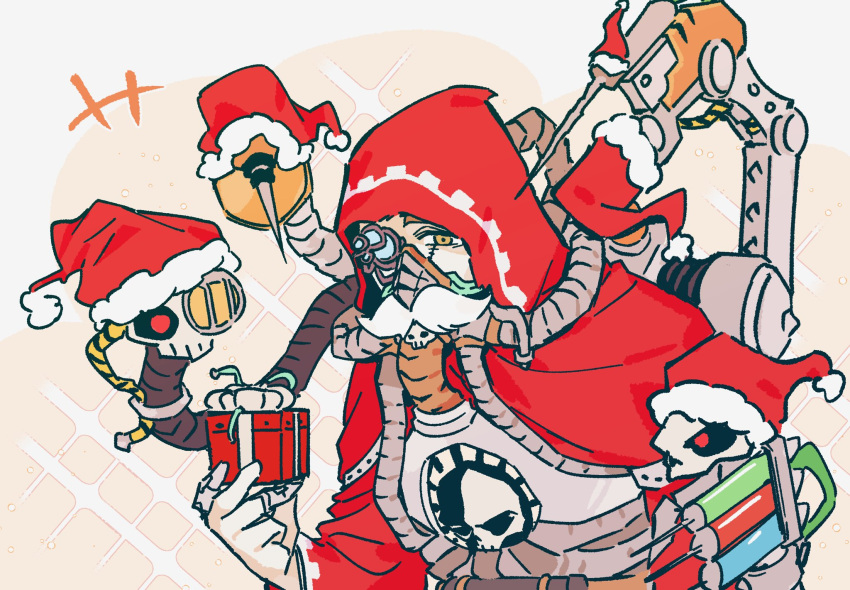 1boy, adeptus_mechanicus, armor, box, breastplate, cyborg, fake_facial_hair, fake_mustache