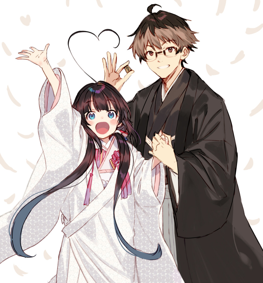 1boy, 1girl, black-framed_eyewear, black_hair, black_kimono, blue_eyes, board_game, brown_hair
