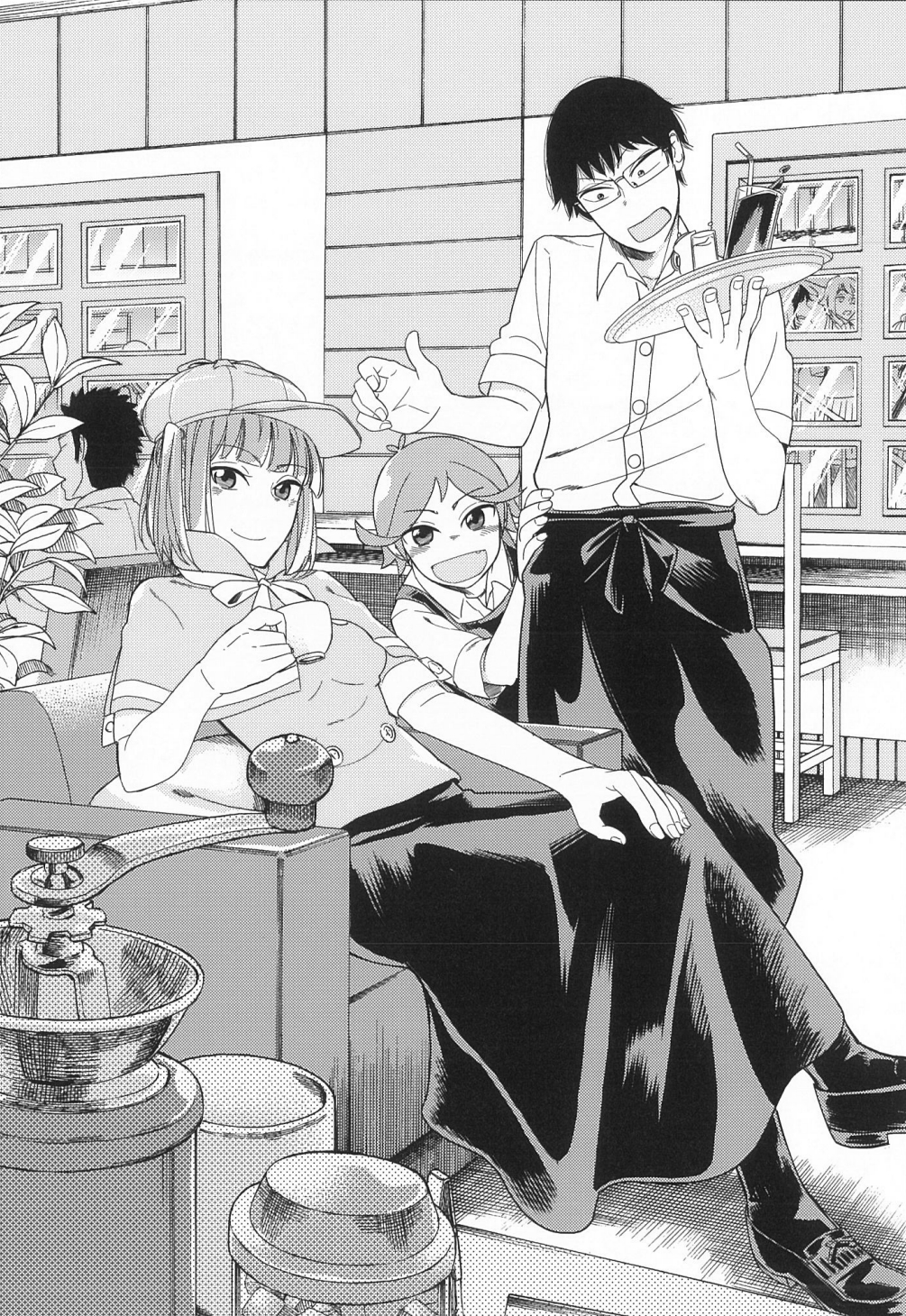 2boys, 2girls, apron, breasts, chair, coffee_grinder, collared_shirt, commentary_request