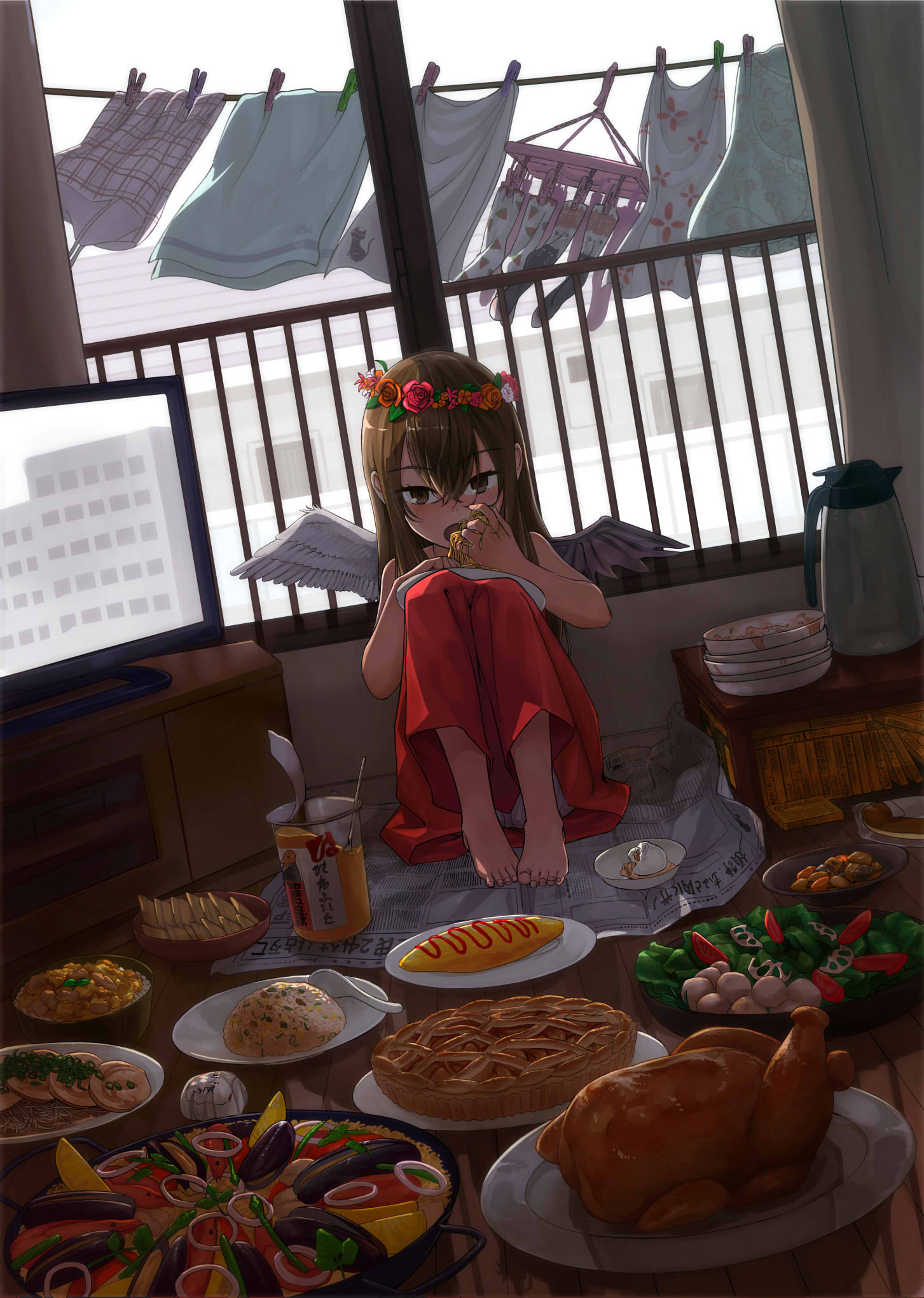 1girl, angel_wings, brown_eyes, brown_hair, child, commentary_request, dutch_angle, eating