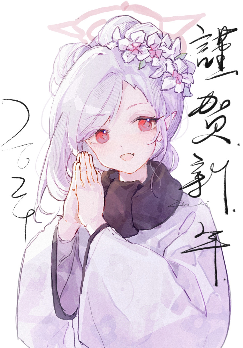 1girl, black_scarf, blue_archive, blush, ea08zheci, fang, flower, grey_hair