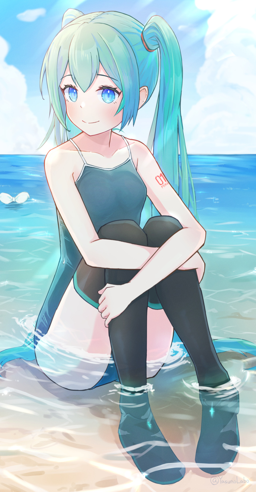 2girls, alternate_costume, aqua_hair, arm_tattoo, ass_visible_through_thighs, bare_shoulders, black_footwear, black_thighhighs
