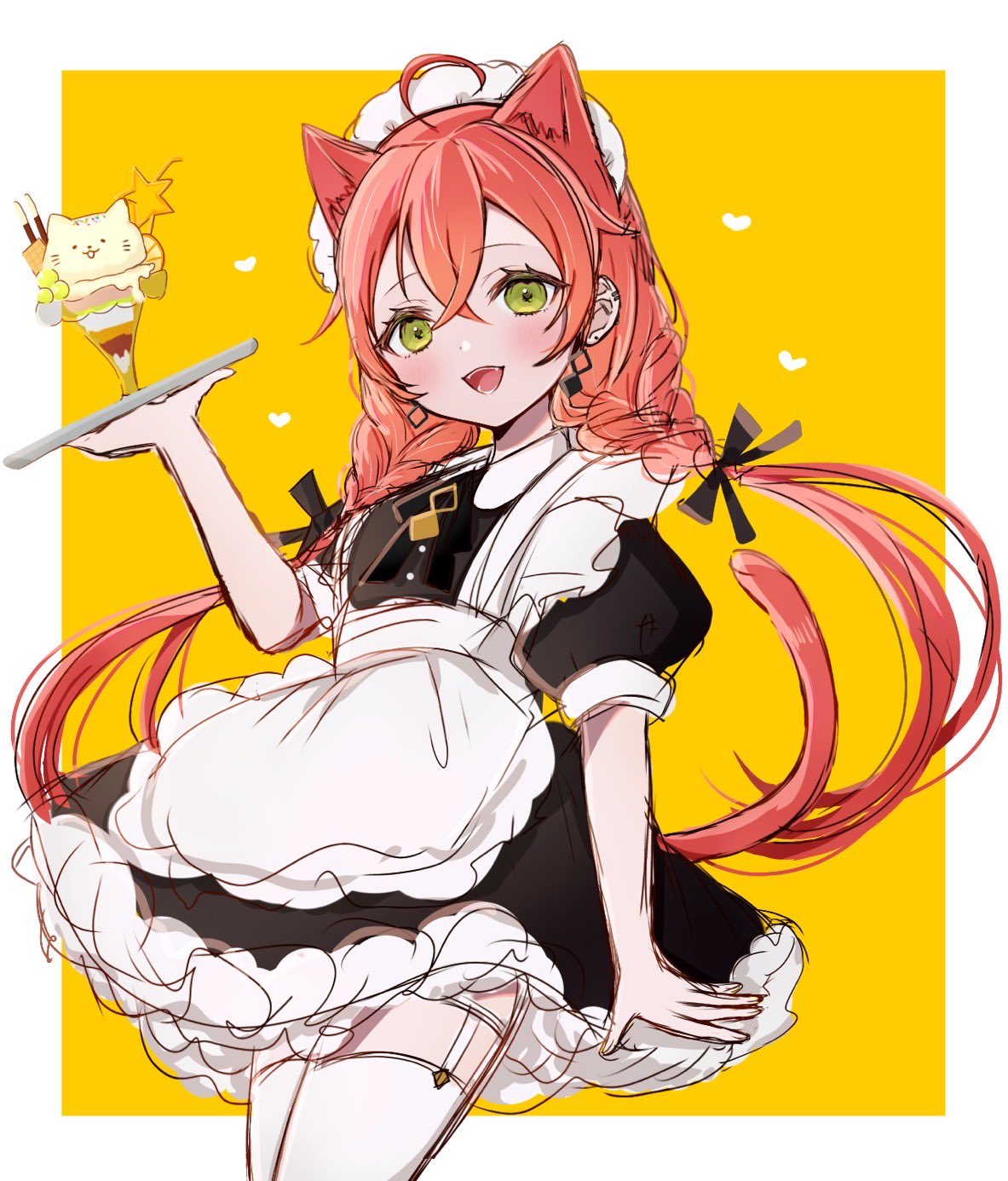1girl, ahoge, animal_ears, apron, black_dress, cat_ears, cat_girl, crossed_bangs, dress, earrings, green_eyes, highres, jewelry, komeshisu4545, long_hair, maid_headdress, nijisanji, open_mouth, orange_hair, puffy_short_sleeves, puffy_sleeves, shishido_akari, short_sleeves, smile, solo, thigh-highs, twintails, virtual_youtuber, white_apron, white_headdress, white_thighhighs