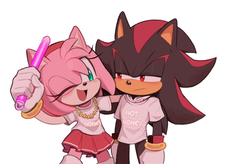 1boy, 1girl, alternate_costume, amy_rose, arm_up, furry, furry_female, furry_male