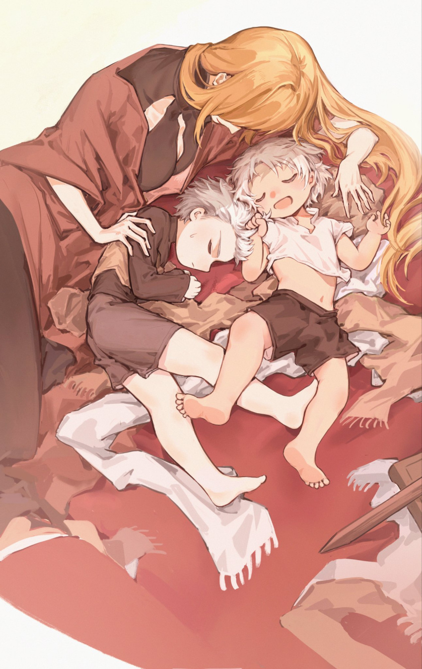 1girl, aged_down, bbfrog, blonde_hair, closed_mouth, dante_(devil_may_cry), devil_may_cry_(series), dress, eva_(devil_may_cry), family, hair_slicked_back, highres, long_hair, male_focus, mother_and_son, multiple_boys, parent_and_child, siblings, sleeping, smile, vergil_(devil_may_cry), white_background, white_hair