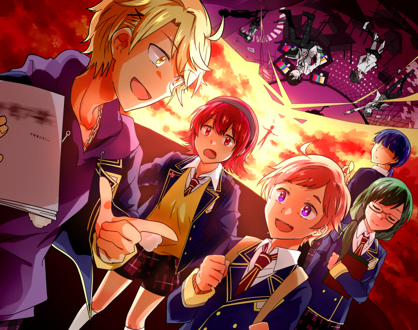4girls, 5boys, :d, a-no, a-ya_(shuuen_no_shiori), b-ka, b-ko_(shuuen_no_shiori), black_cat