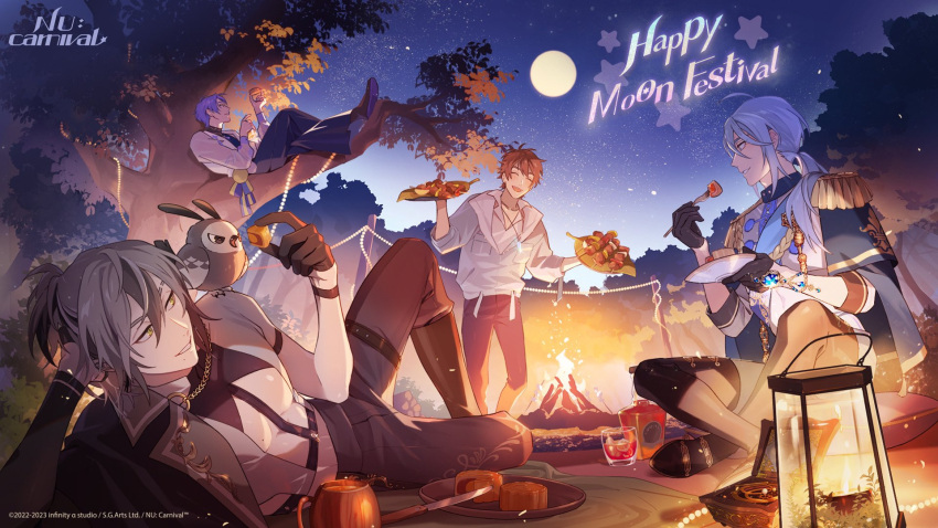 4boys, animal_on_shoulder, asymmetrical_sleeves, bird, bird_on_shoulder, bishounen, black_gloves, blue_gemstone
