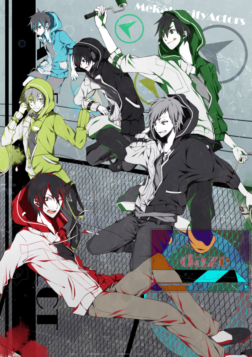 6+boys, amamiya_hibiya, aqua_jacket, belt, black_jacket, black_shirt, bucket, chain-link_fence