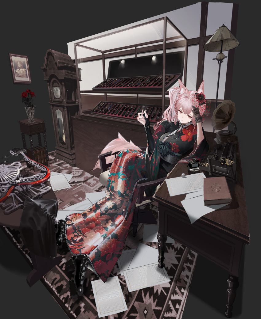 1girl, absurdres, alternate_costume, animal_ears, arknights, asymmetrical_gloves, black_gloves, black_ribbon