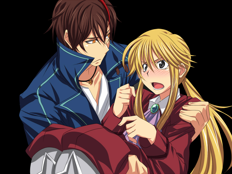 blonde_hair, blush, brown_hair, carrying, formal, mekabu, open_mouth, princess_carry