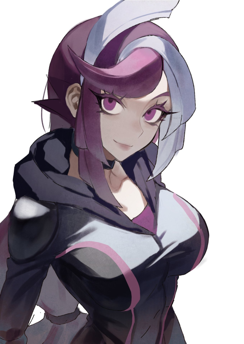 1girl, bessho_emma, bodysuit, breasts, collarbone, ghost_girl_(yu-gi-oh!_vrains), grey_hair, highres, hood, hood_down, large_breasts, long_hair, looking_at_viewer, multicolored_hair, o_o_oim, purple_hair, solo, two-tone_hair, very_long_hair, violet_eyes, yu-gi-oh!, yu-gi-oh!_vrains