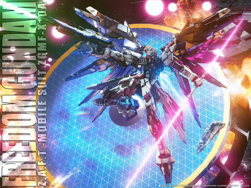 absurdres, aiming, asteroid, beam_rifle, beam_saber, double-blade, dual_wielding, energy_gun, exhaust, explosion, flying, freedom_gundam, full_body, genesis_(gundam), glowing, glowing_eye, gun, gundam, gundam_seed, highres, holding, holding_gun, holding_weapon, laser, lolicon_(lolicon42051636), looking_ahead, mecha, mechanical_wings, mobile_suit, no_humans, photoshop_(medium), profile, robe, robot, science_fiction, solo, space, spacecraft, star_(sky), v-fin, weapon, wings, yellow_eyes