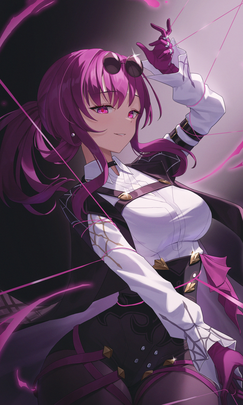 1girl, absurdres, arm_up, black_jacket, black_shorts, breasts, chest_harness, eyewear_on_head