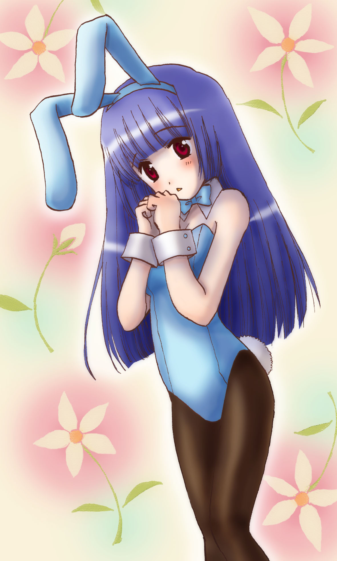 blue_hair, brown_eyes, bunny_ears, bunnysuit, highres, long_hair, mizukurage, original