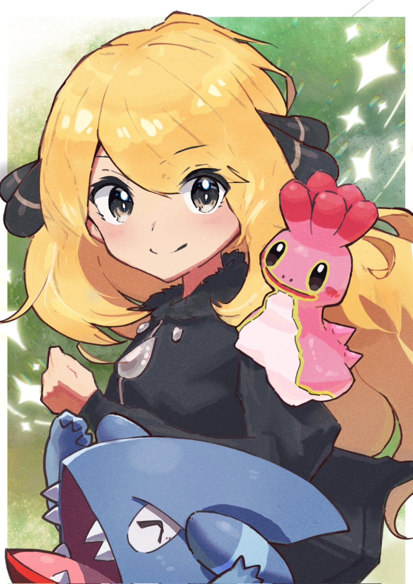 1girl, aged_down, arc_draws, blonde_hair, closed_mouth, cynthia_(pokemon), eyes_visible_through_hair, fur_collar, gible, grey_eyes, hair_ornament, highres, long_hair, long_sleeves, mixed-language_commentary, on_shoulder, pokemon, pokemon_(creature), pokemon_dppt, pokemon_on_shoulder, shellos, shellos_(west), slug, smile, solo, sparkle, split_mouth