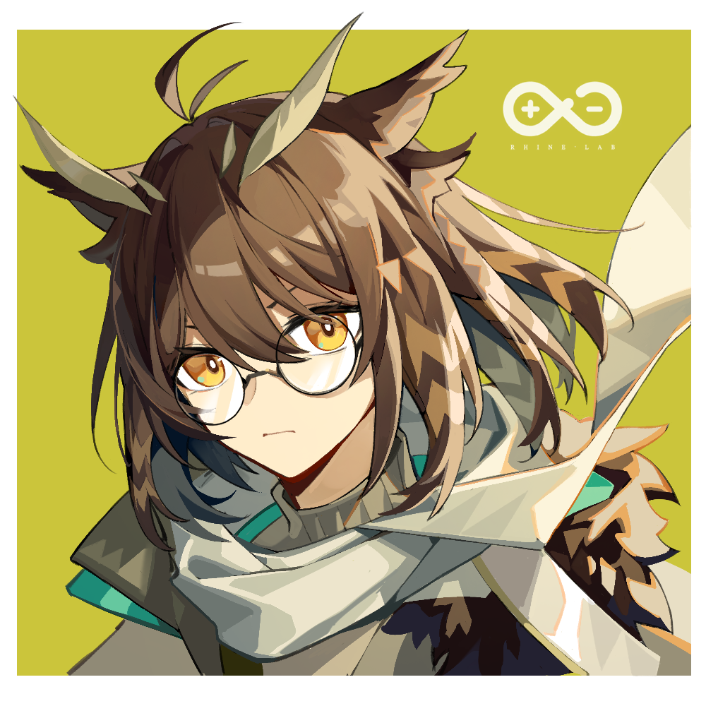 1girl, antenna_hair, arknights, border, bright_pupils, glasses, green_background, grey_scarf, grey_sweater, hair_between_eyes, looking_at_viewer, official_alternate_costume, outside_border, owl_ears, portrait, rhine_lab_logo, round_eyewear, scarf, silence_(arknights), silence_(frosted_breath)_(arknights), simple_background, solo, sweater, white_border, white_pupils, yellow_eyes, yukleeeee
