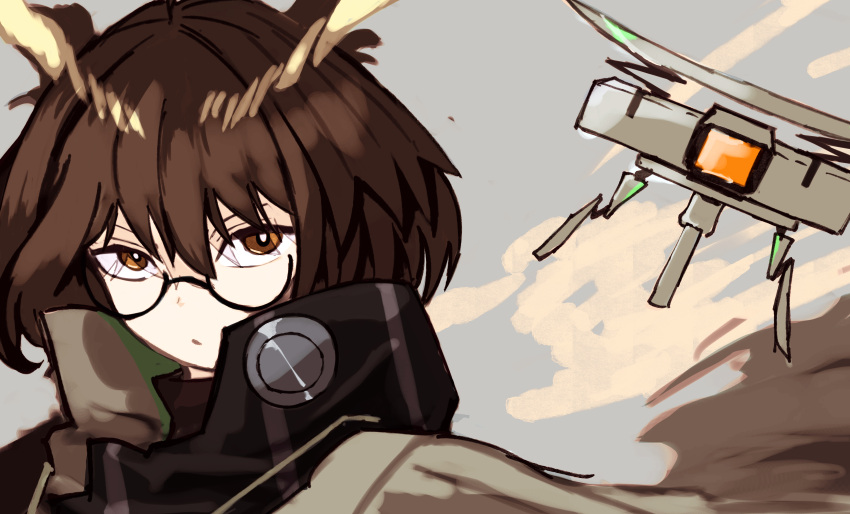 1girl, absurdres, arknights, bright_pupils, brown_eyes, brown_hair, brown_jacket, drone