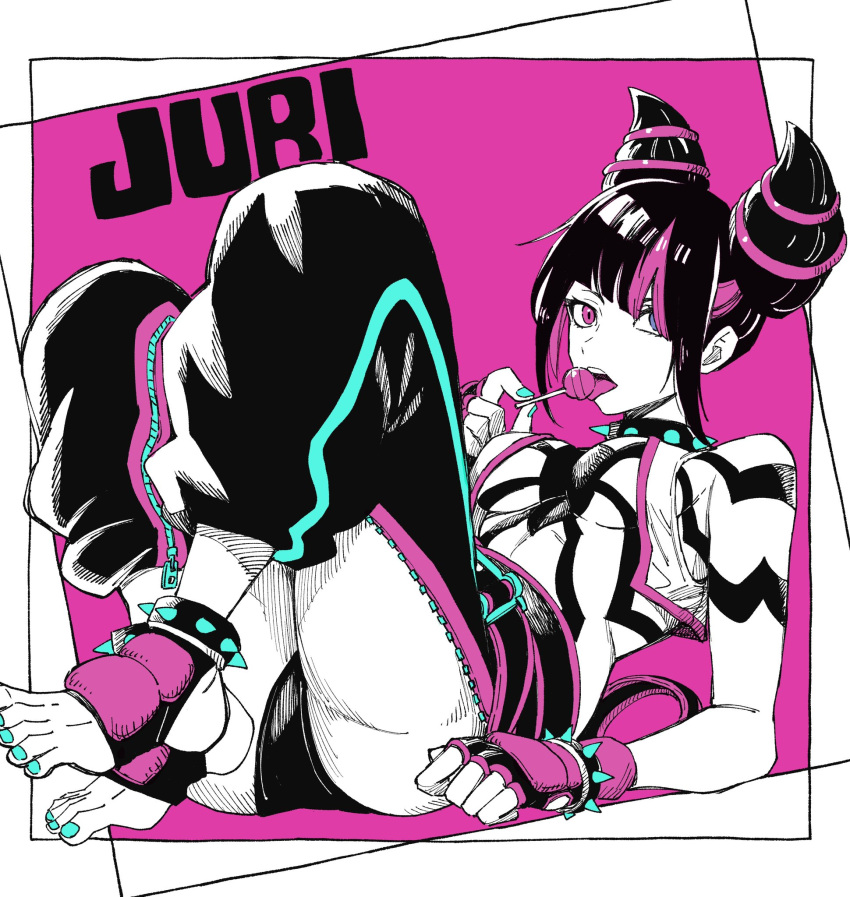 1girl, baggy_pants, bracelet, breasts, candy, chinese_clothes, collar, drill_hair