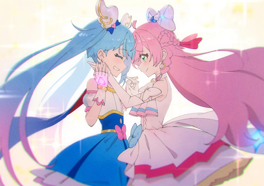 2girls, blue_bow, blue_hair, blue_skirt, bow, braid, closed_eyes, closed_mouth