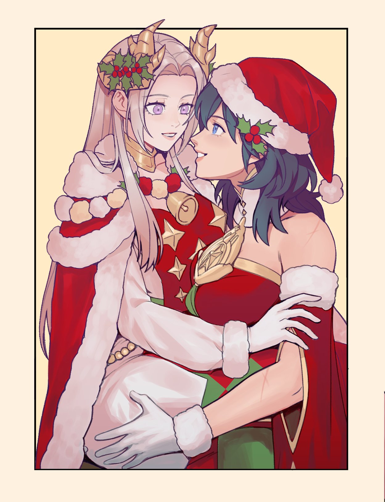 2girls, byleth_(female)_(fire_emblem), byleth_(female)_(frosty_professor)_(fire_emblem), byleth_(fire_emblem), cape, christmas, dress, edelgard_von_hresvelg, edelgard_von_hresvelg_(snowfall_future), fire_emblem, fire_emblem:_three_houses, fire_emblem_heroes, gloves, hat, highres, long_hair, medium_hair, multiple_girls, official_alternate_costume, radiostarkiller, red_cape, santa_hat, svar, violet_eyes, white_hair, yuri