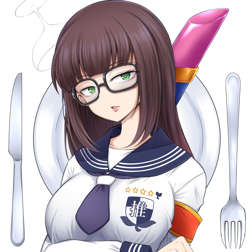 1girl, absurdres, armband, atarashii_gakko!, black-framed_eyewear, blue_neckerchief, blunt_bangs, brown_hair